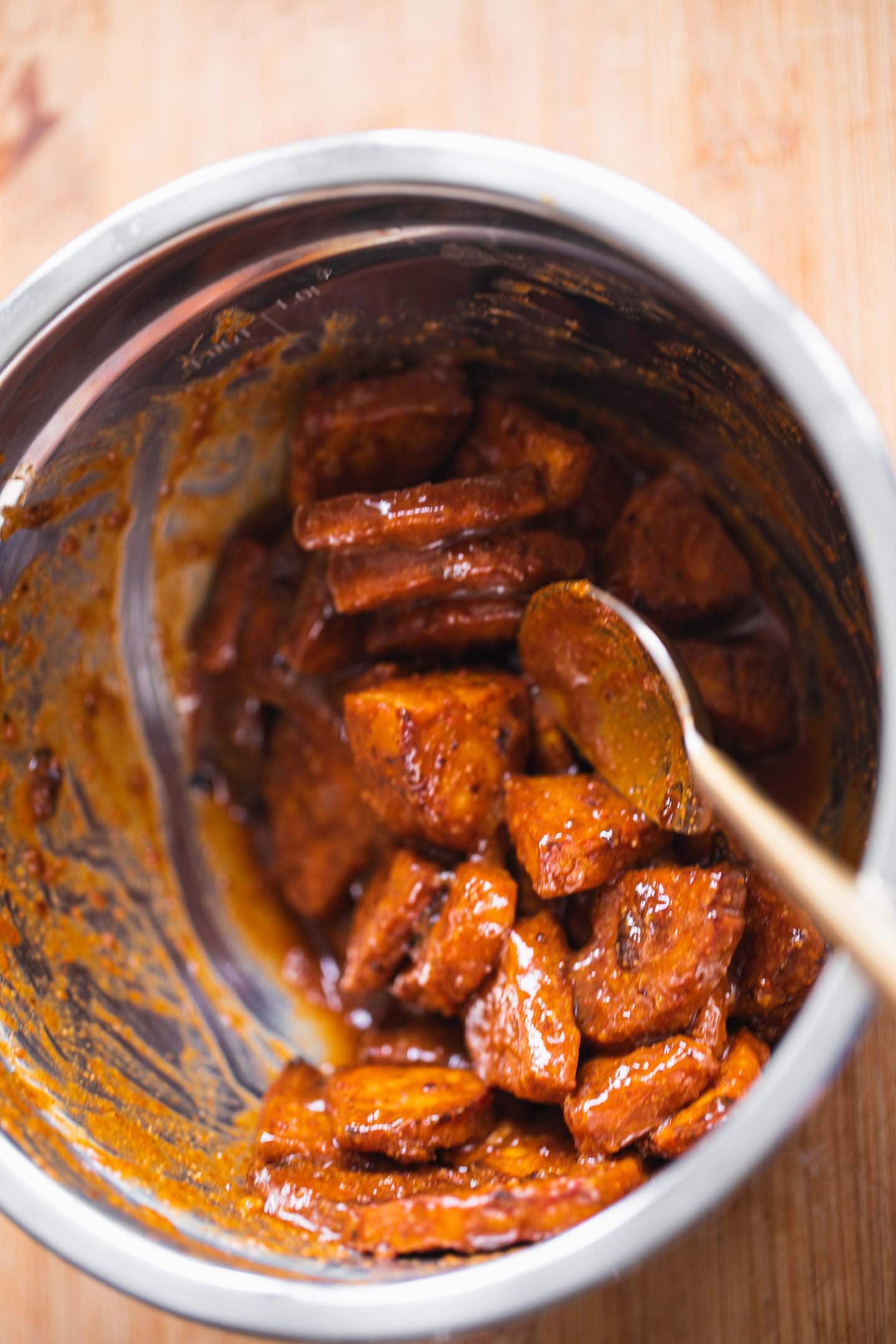 Tempeh with a BBQ sauce in a bowl