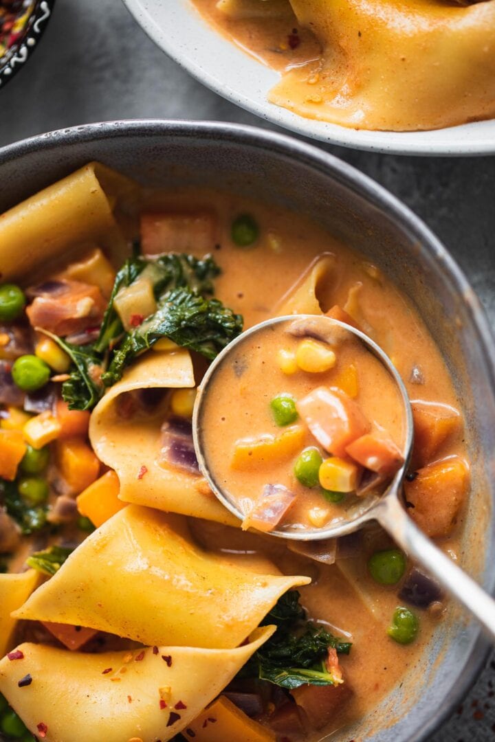 Bowl of dairy-free soup with pasta and vegetables