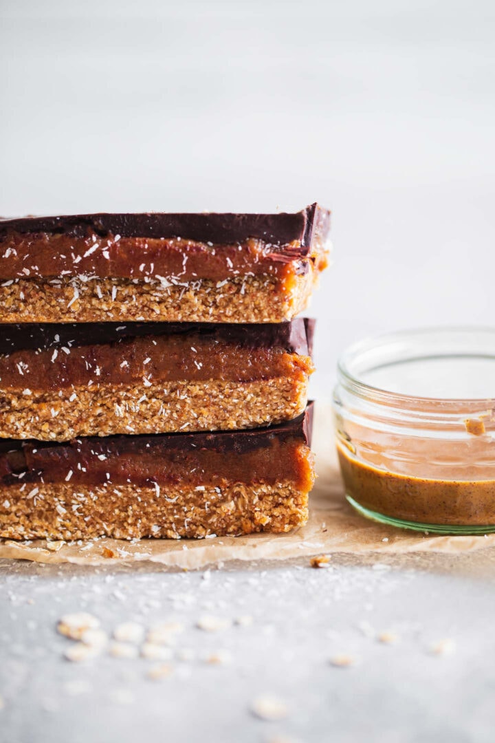 Chocolate cookie dough bars with a date caramels