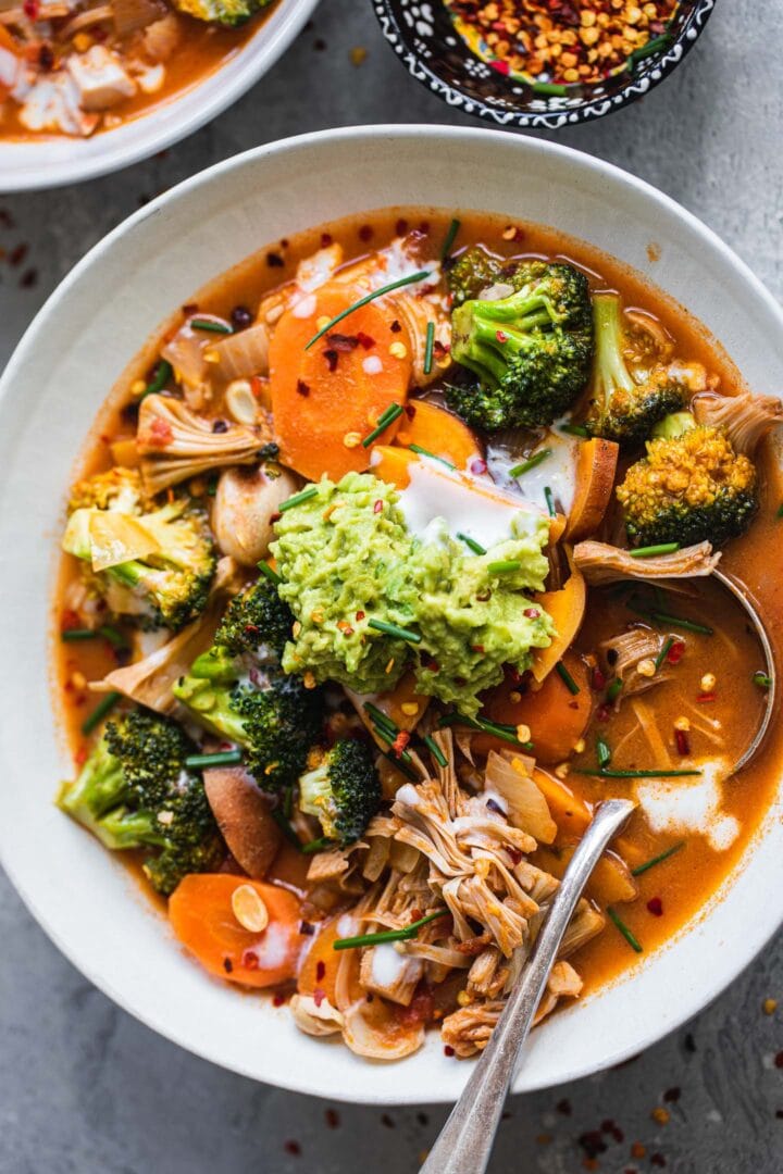 Sweet potato soup with jackfruit and broccoli