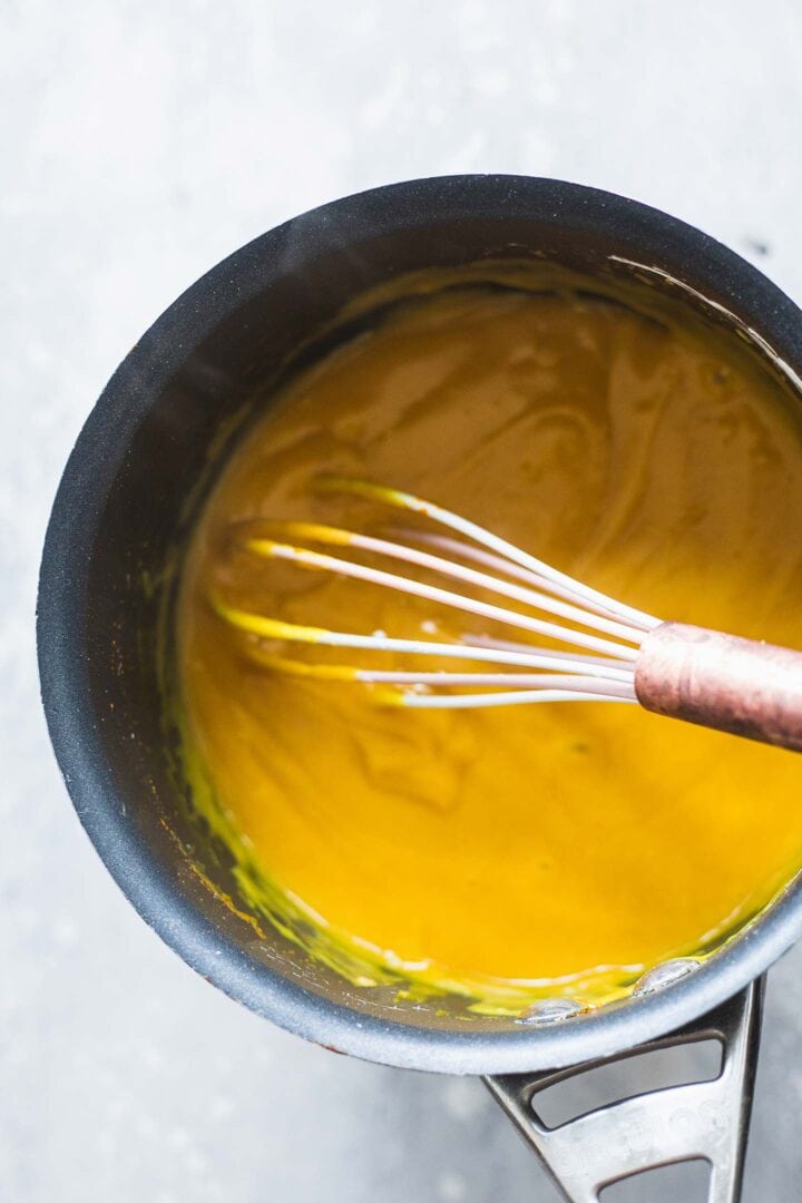 Vegan cheese sauce in a saucepan