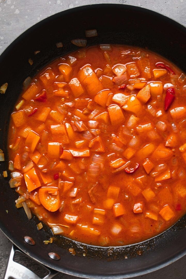 Vegan chilli sauce in a frying pan