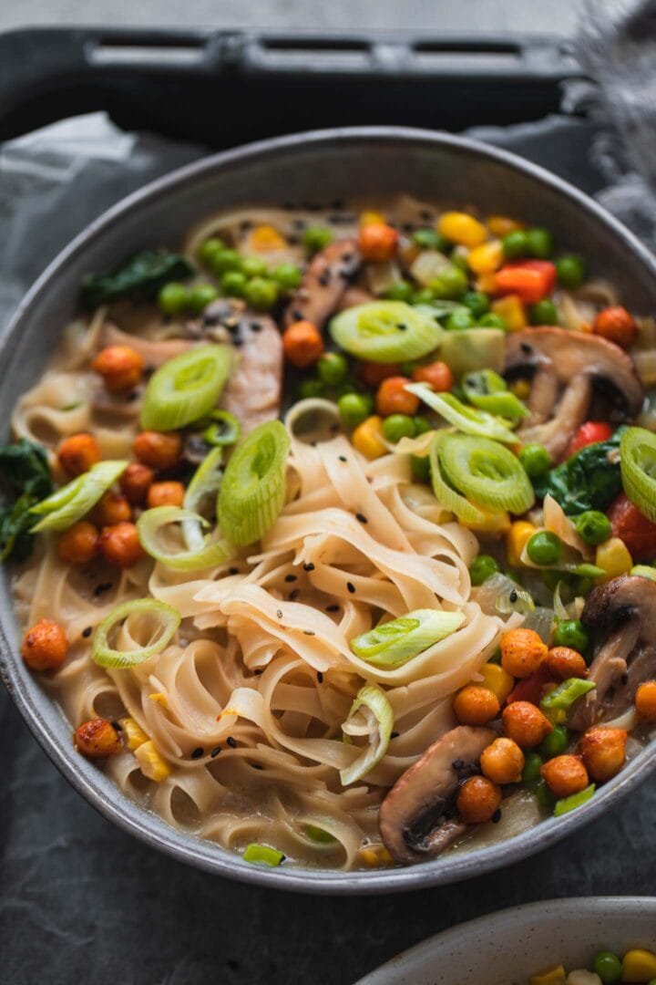 Vegan noodle soup with crispy chickpeas