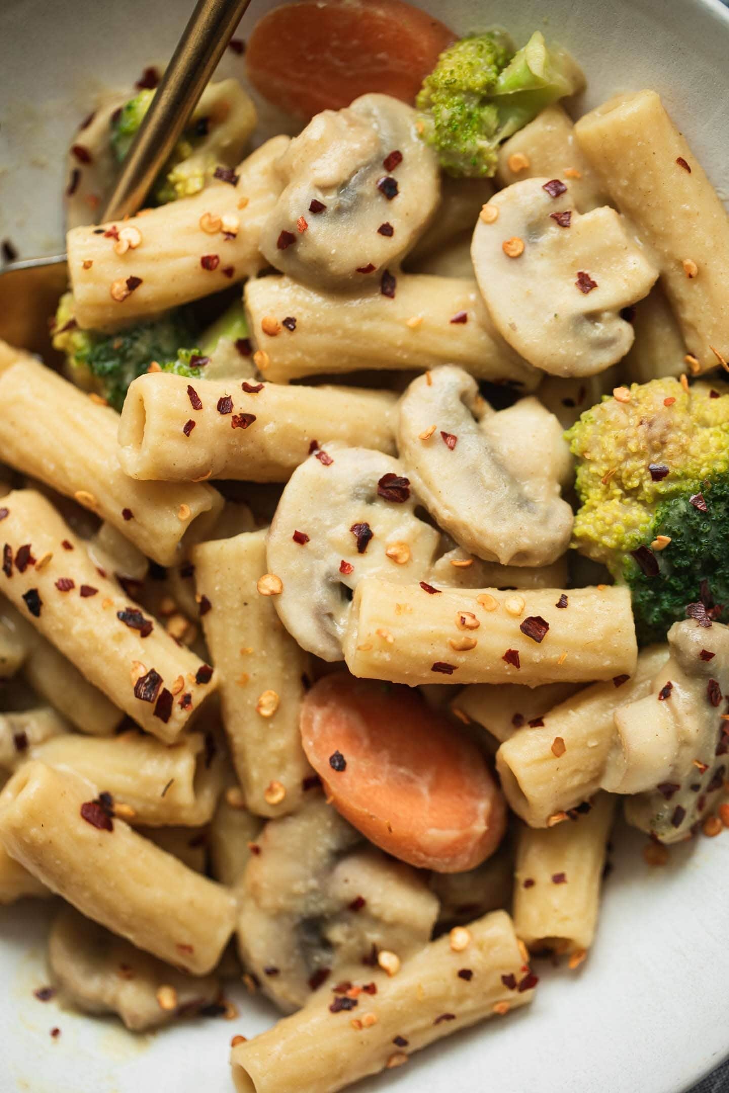 Closeup of pasta with vegetables and a creamy sauce