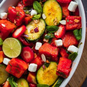 Vegan watermelon salad with cucumber and strawberries-2