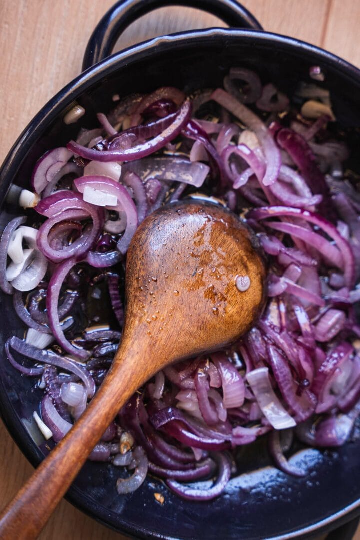 Caramelised onion in a frying pan
