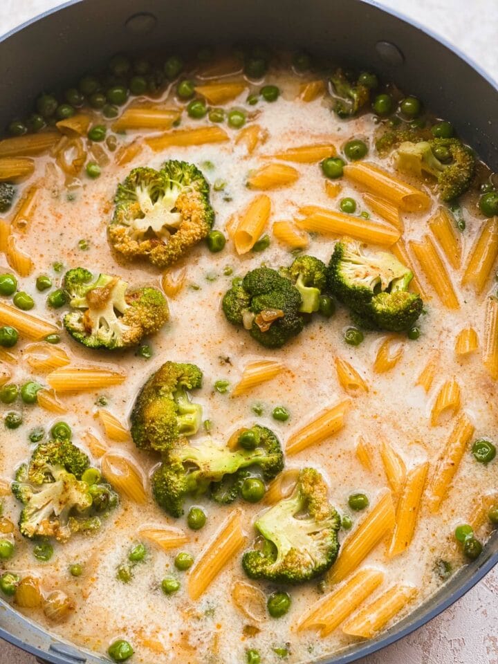 Vegetables and pasta in a pan