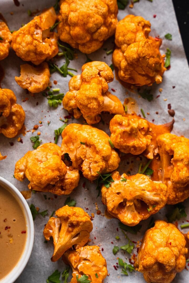 Spicy cauliflower with peanut dip vegan