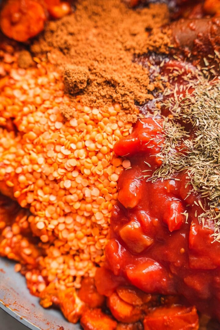 Lentil sauce ingredients in a frying pan