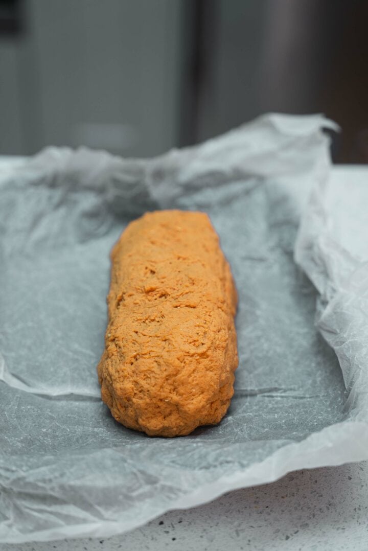 Seitan loaf on a baking tray