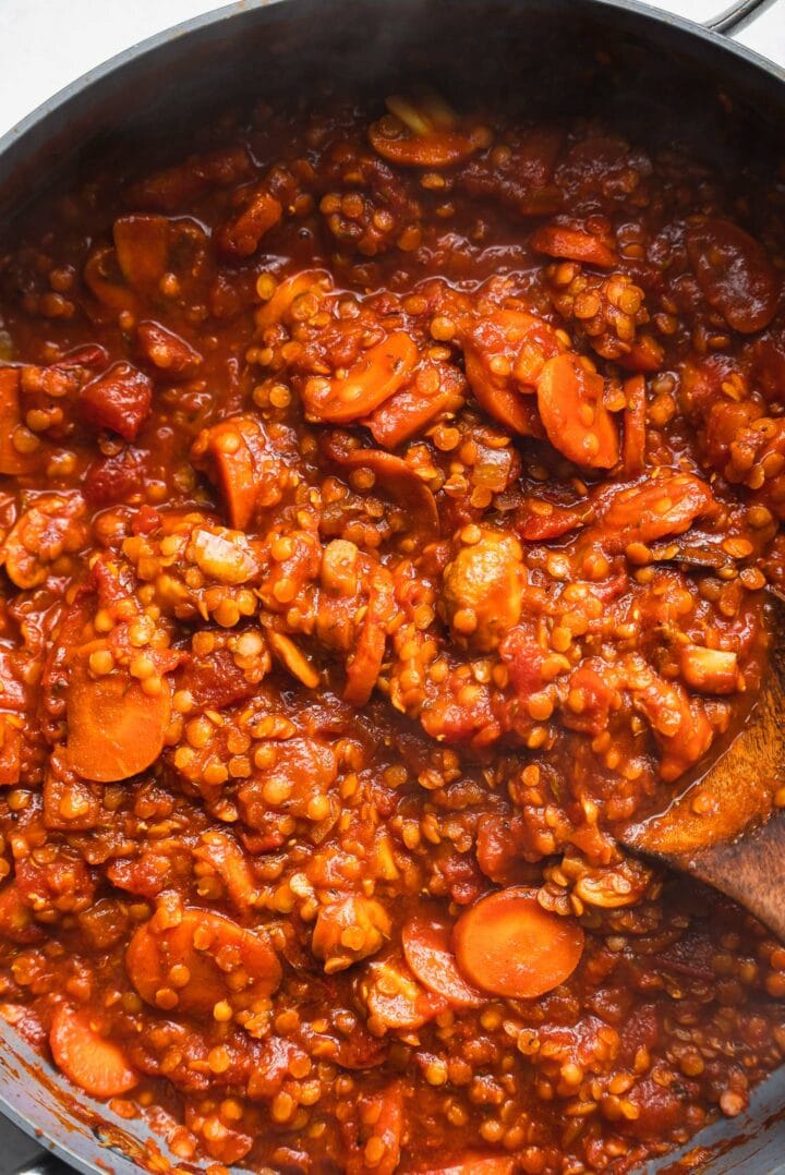 Vegan bolognese sauce in a frying pan