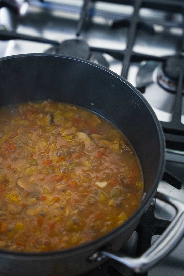 Saucepan with vegan split pea soup