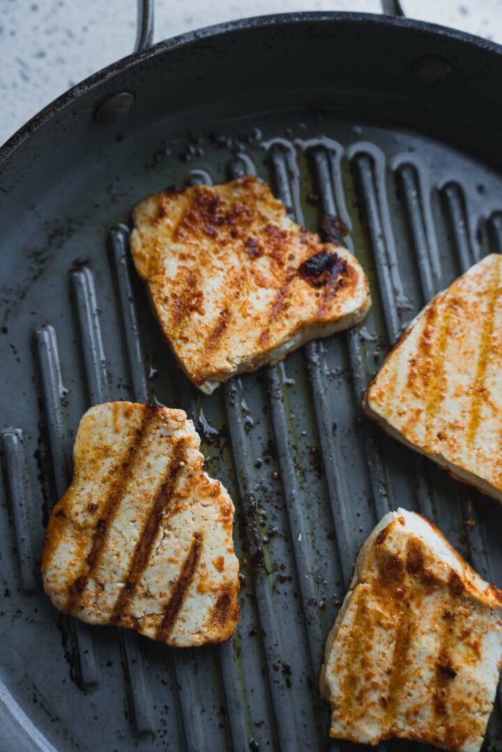 Tofu steaks in a griddle pan