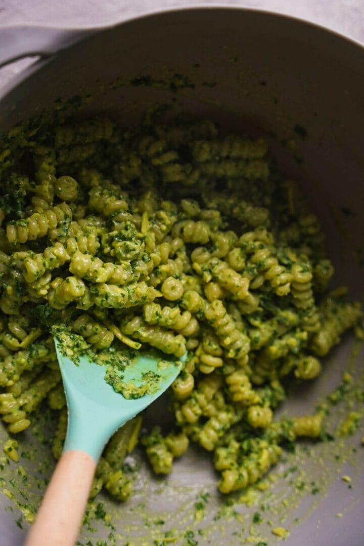 Kale sauce pasta in a bowl